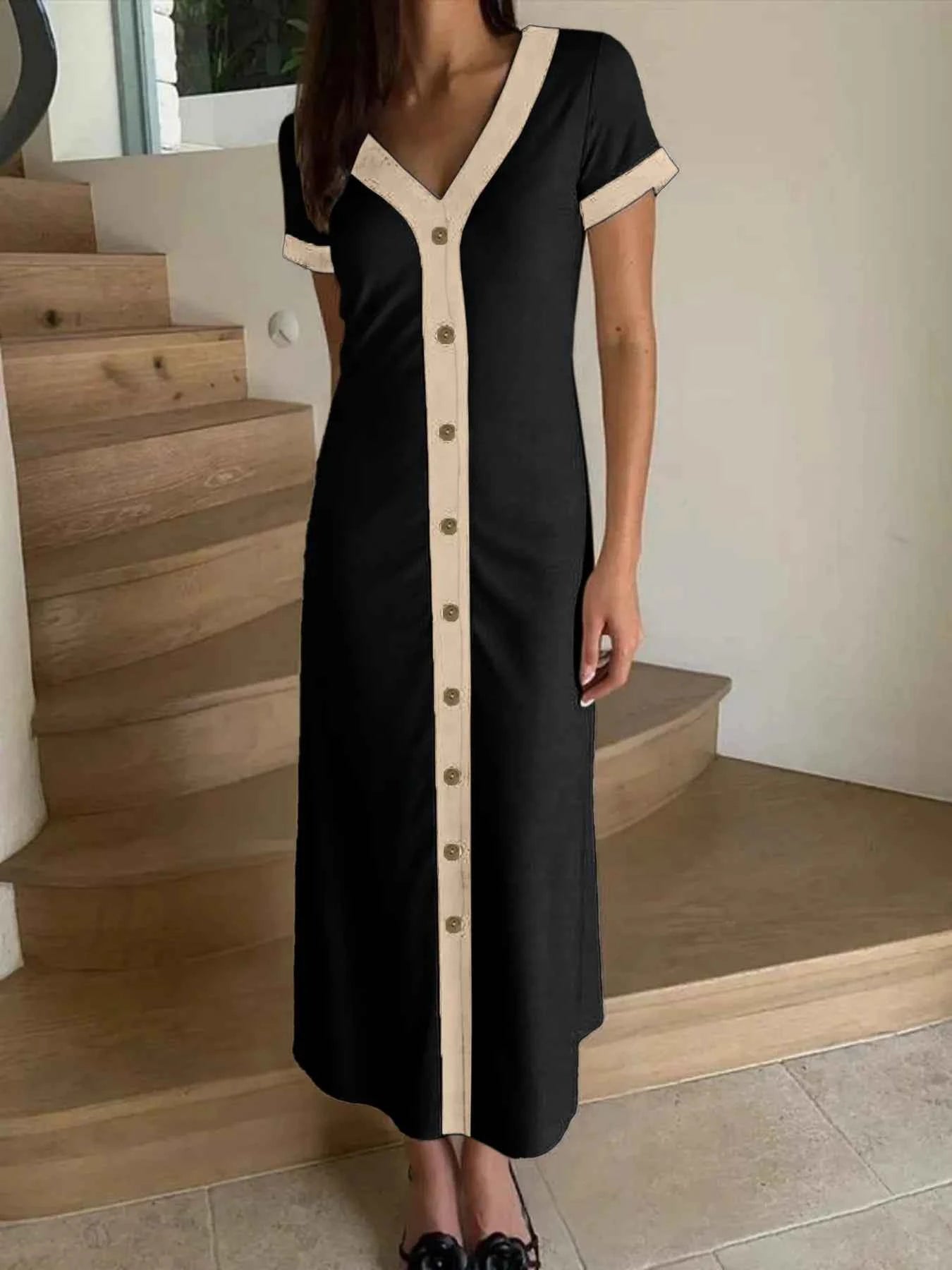 Button-Front Contrast Trim Midi Dress Coffee Brown 1937e45fc1834b60bc3b67cad4515913-Max-Origin