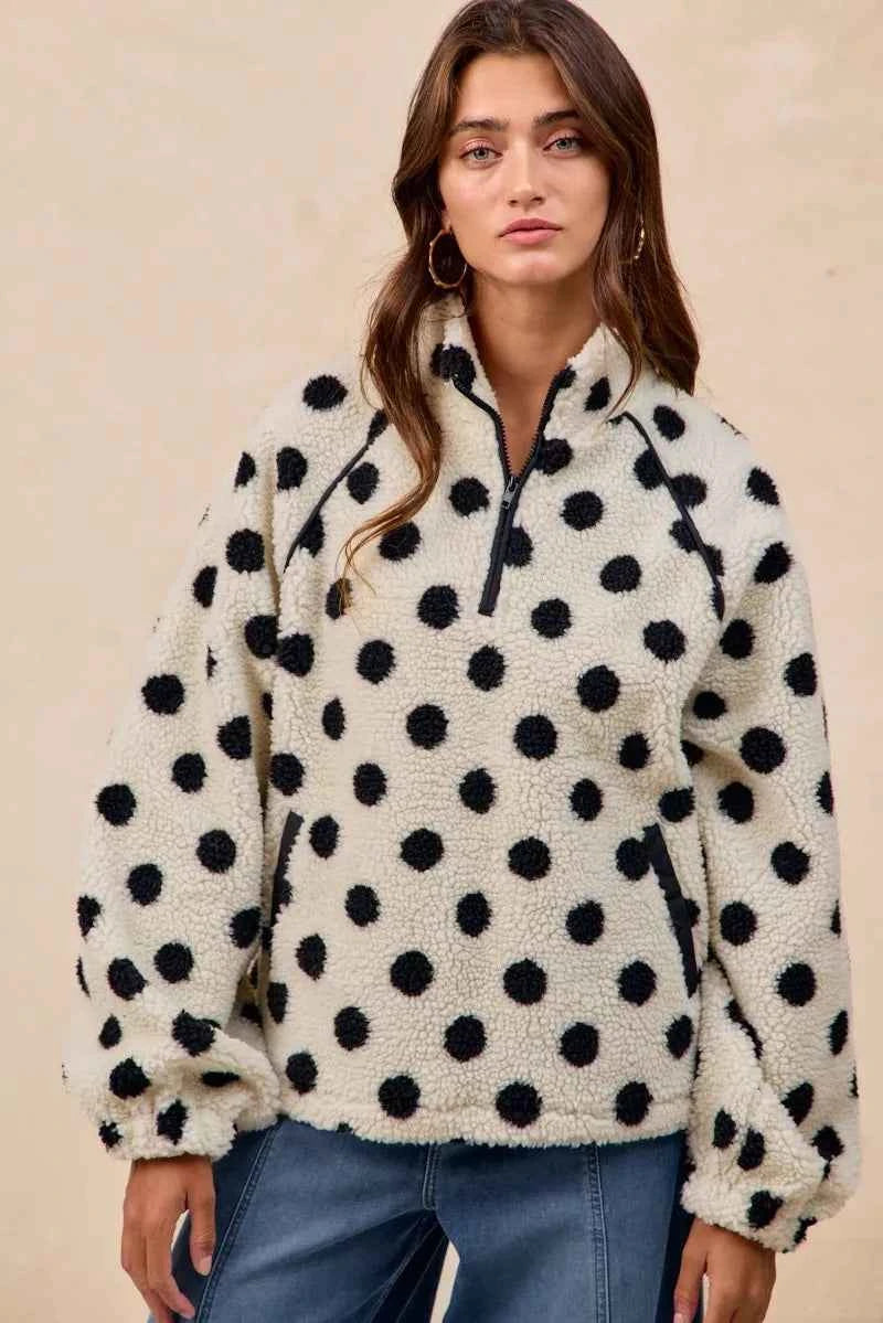 Polka Dot Sherpa Half Zip Up Top with Side Pocket 19396b09-ebde-4c1b-93a5-2f8cc3d2f0d1-Max-Origin