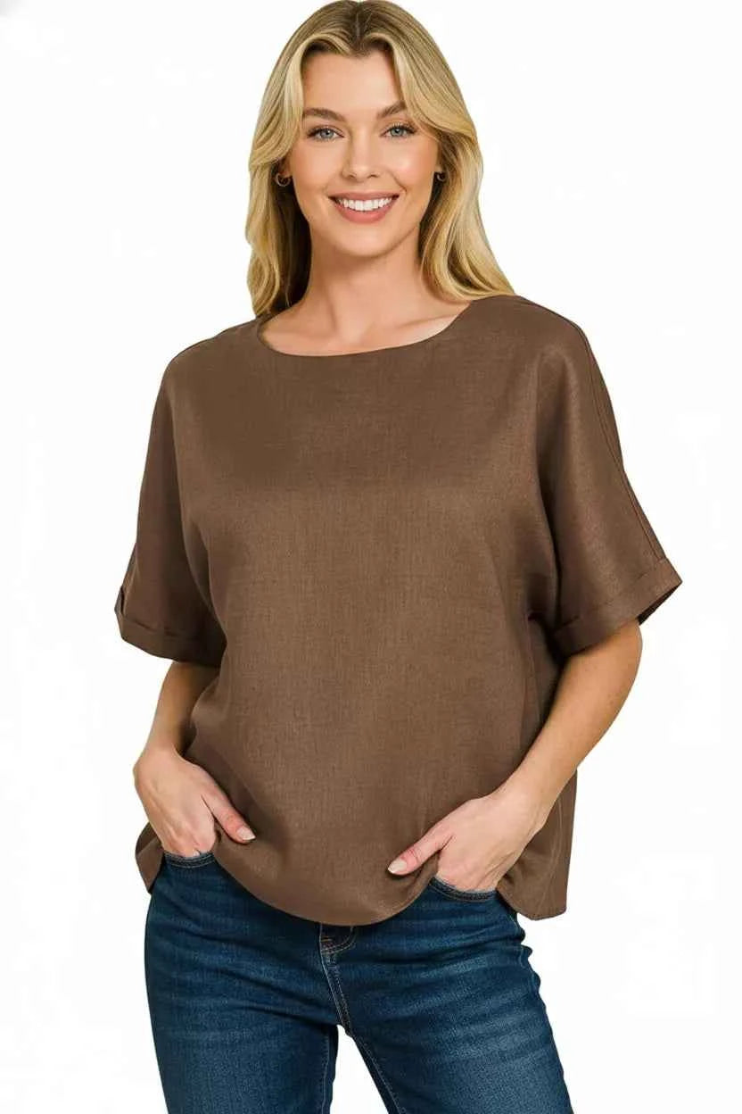 Zenana Linen Round Neck Cuffed Sleeve Top 1942f2a4-46a6-4081-9cff-fc06dcbe632d-Max-Origin