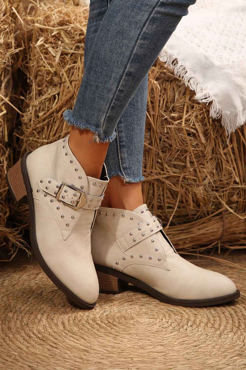White Faux Leather Studded Pointed Toe Block Heel Ankle Boots 194858fa8e1fe2d6