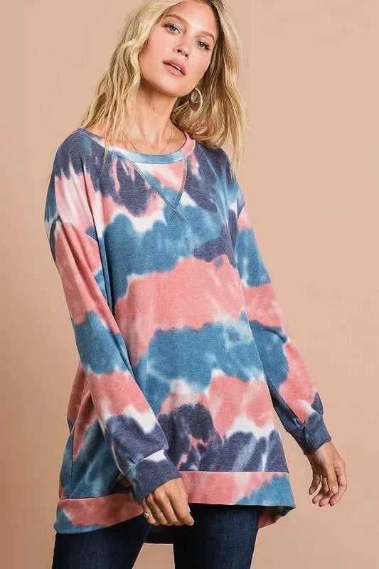 BiBi Tie Dye French Terry Pull Over with Front Stitching Detail 194f6026008e4b81a89a9e3e842761f0-Max-Origin