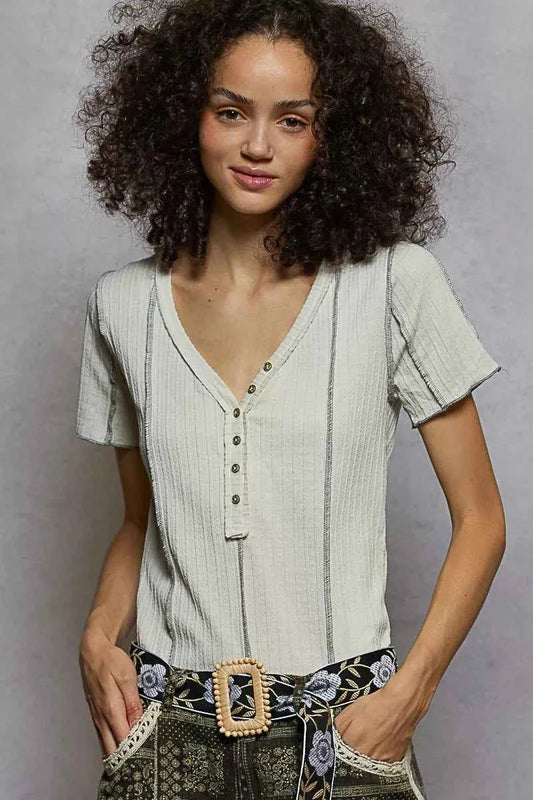 V-Neck Short Sleeve Top with Stitch Seam Detail 1953ba1c-14d1-4a76-a267-b76922cda6be-Max-Origin
