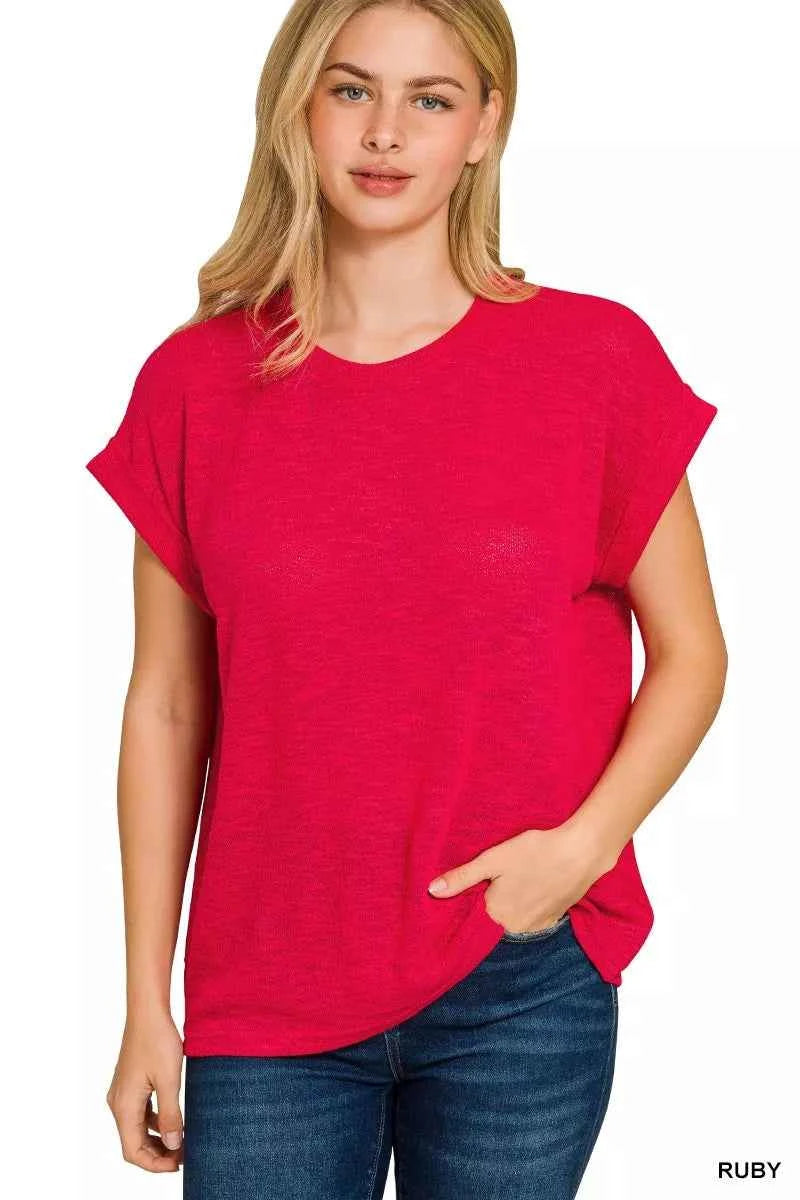 Zenana Hacci Slub Rolled Up Sleeve Tee RUBY 195d77af1068451c981ad1d24d97224d-Max-Origin