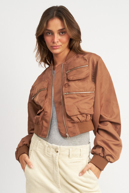 Cropped bomber jacket for women zip-up utility style casual outerwear BROWN 19624227_16426b8c-5607-4d27-91cc-2e1926709c7c