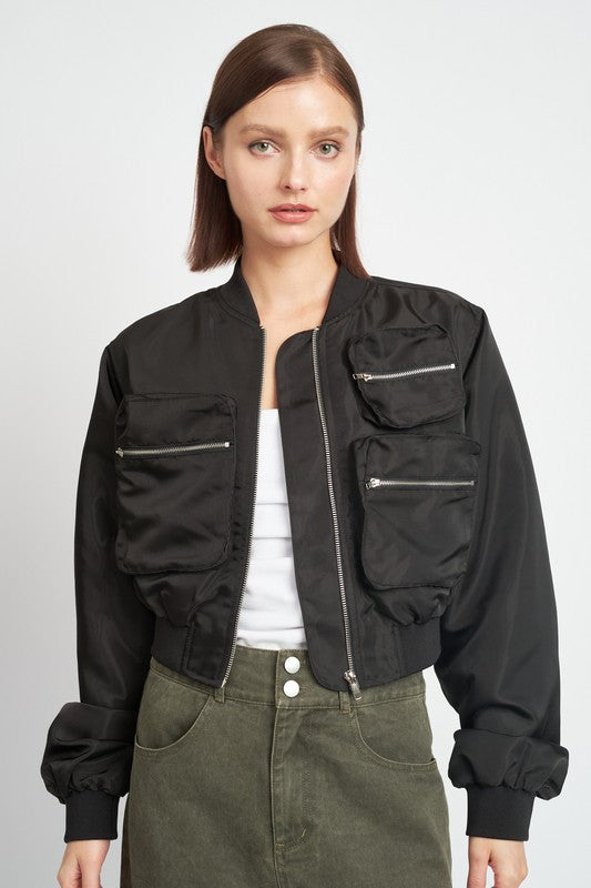 Cropped bomber jacket for women zip-up utility style casual outerwear BLACK S 19624227_7ce11c94-a886-4de3-bbc0-6b73606b7eeb