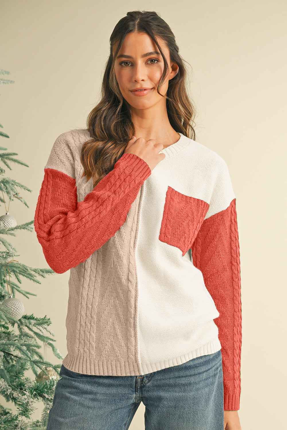 Vineyard Green Colorblock Pocket Drop Shoulder Sweater Gold Flame 65%Acrylic+35%Polyamide 1963d6ef79525876
