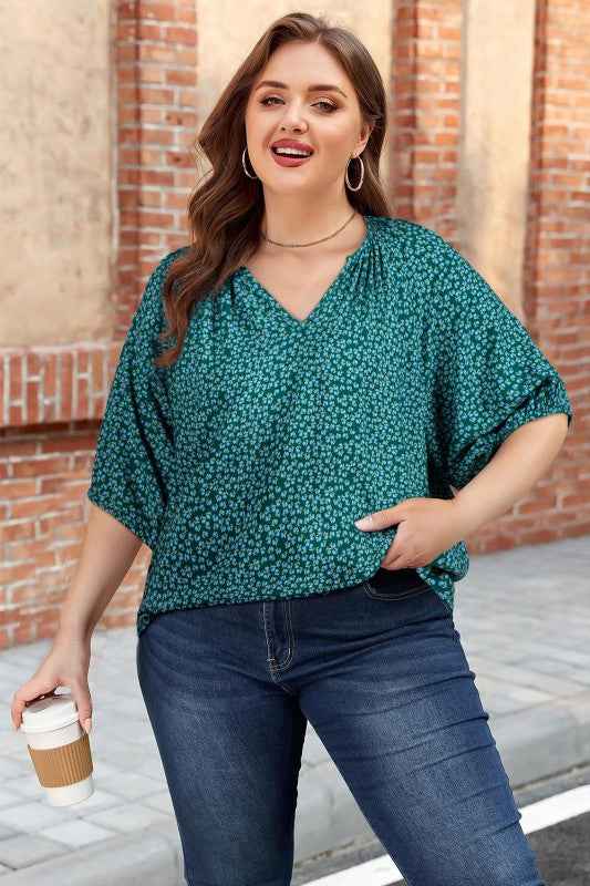 Plus Size Boho Floral Boho Notch V-Neck Top Green 1965105d-e276-4e40-8101-d35107eb36cf