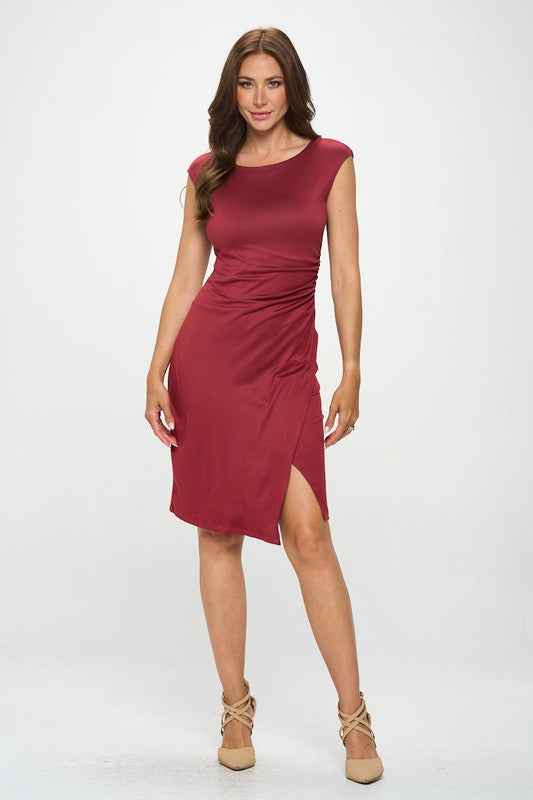 Brushed Knit Short Sleeve Bodycon Dress with Slit Burgundy 19668803_2f49294b-4a83-4974-b8a5-e258a04a46fe