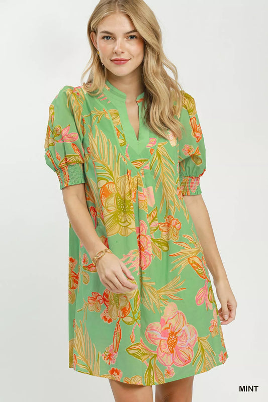Botanical Print Dress with Smocked Cuffs MINT 196e8c60-c767-4171-aaca-ae327556f169-Max-Origin