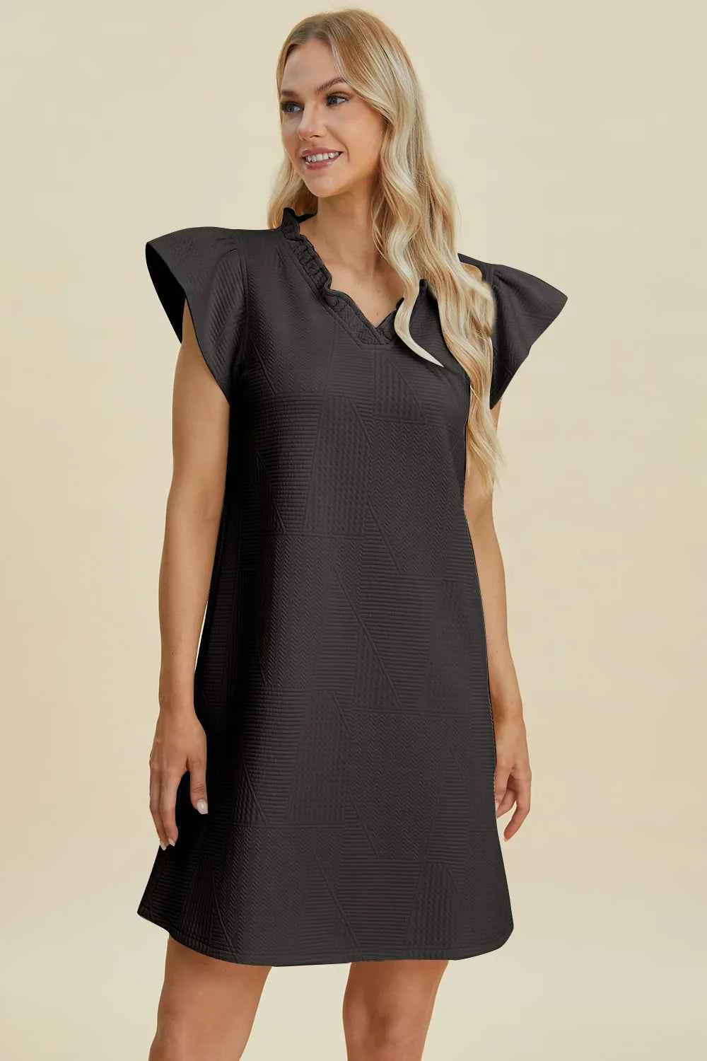 Double Take Full Size Ruffled V-Neck Cap Sleeve Dress Black 19702571-3fa7-46d8-b946-493ffb4933d0-Max
