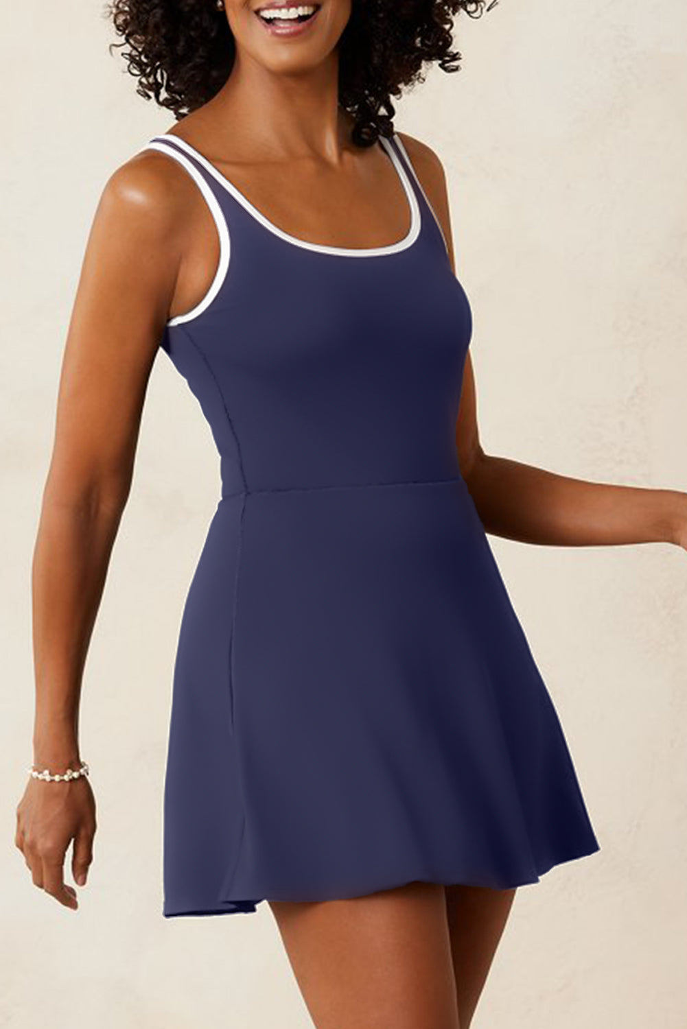 Blue Sapphire Contrast Edge Ruffled High Waist One Piece Swim Dress Navy Blue 82%Polyamide+18%Elastane 1970d3d95e37c15b