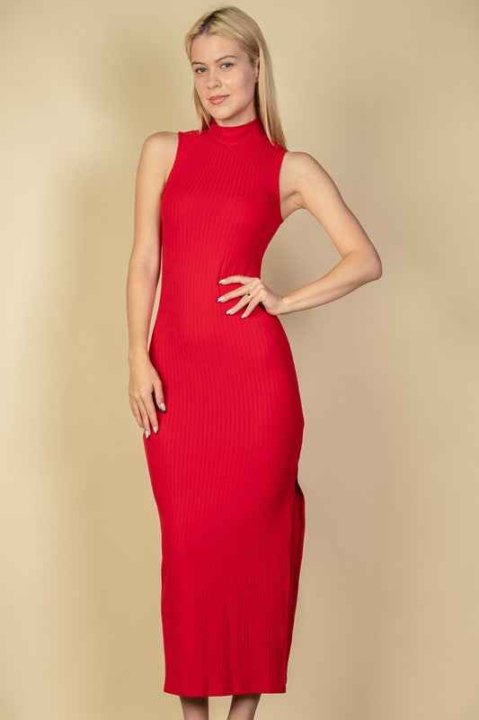 Ribbed Mock Neck Slit Bodycon Dress Red 19714369_93941612-5458-4fdf-b99d-51b1dd581a4d