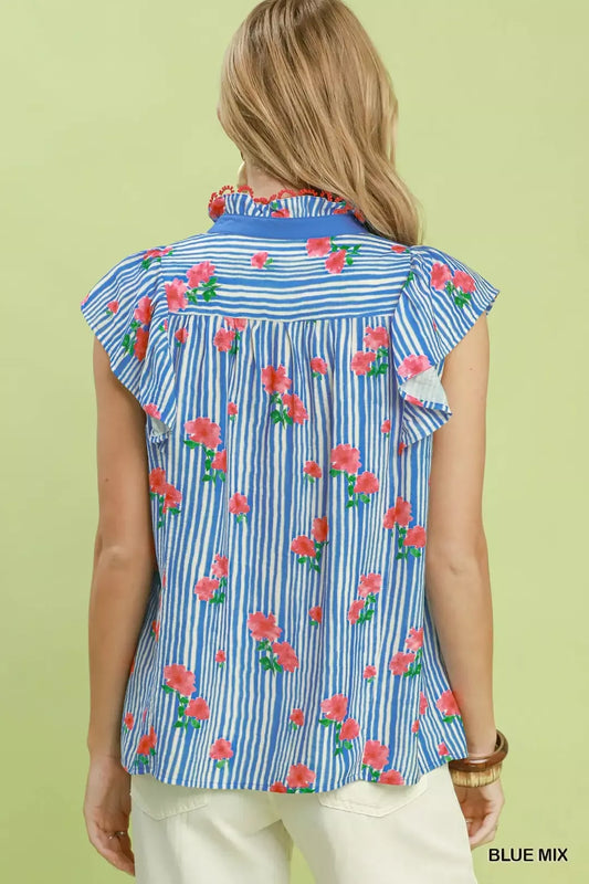 Striped Floral Ruffle Sleeve Top with Contrast Trim 1971527d-fbae-4f5d-b846-d30ead0a471b-Max-Origin