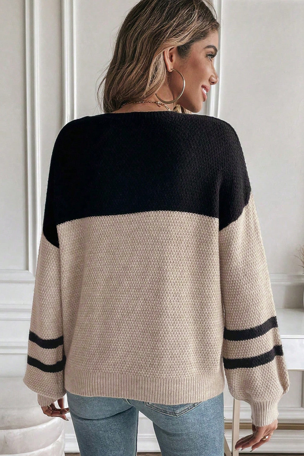 Dark Brown Colorblock Striped Sleeve Detail Knit Sweater 19749736883f85e0