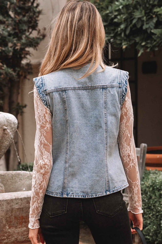 Beau Blue Scalloped Trim Patch Pocket Button Front Denim Vest 1975dbcbedc253fa
