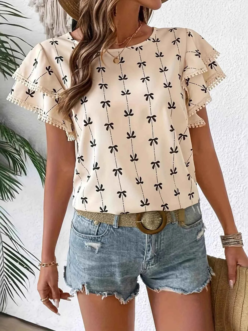 Bow Print Flutter Sleeve Blouse 1976c5caef20453c88e3ac3ab09e41d1-Max-Origin