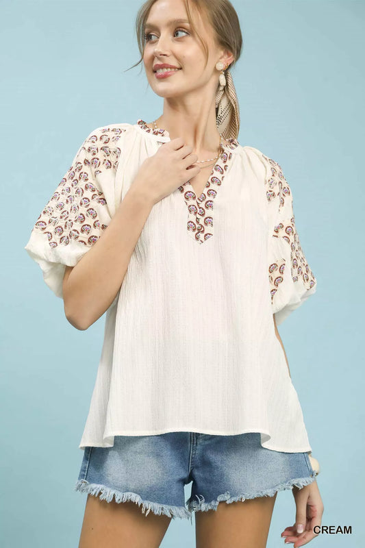 Umgee Embroidered Sleeve Contrast Trim Top CREAM 1978b2b6-5993-46aa-ad61-f2f23ae42e56-Max-Origin
