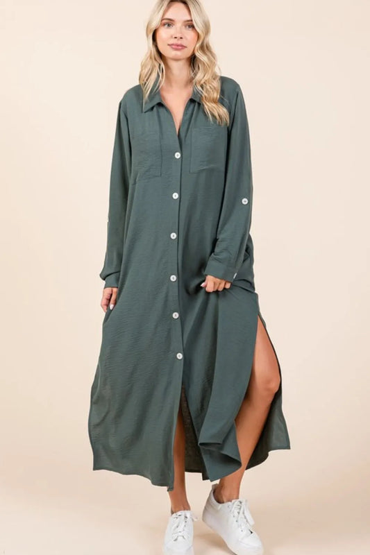 Airflow V-Neck Long Sleeve Button Down Maxi Dress 19870de9-1b75-4651-9020-116093c4d913-Max