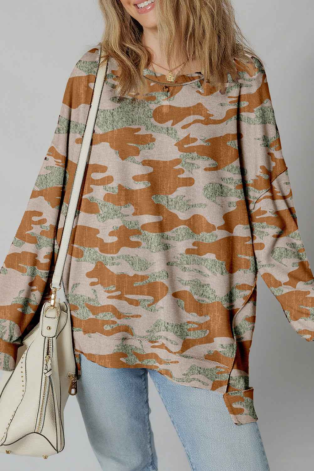 Brown Retro Camouflage Print Exposed Seam Patchwork Drop Shoulder Sweatshirt Brown 95%Polyester+5%Elastane 19891d6b65483e69