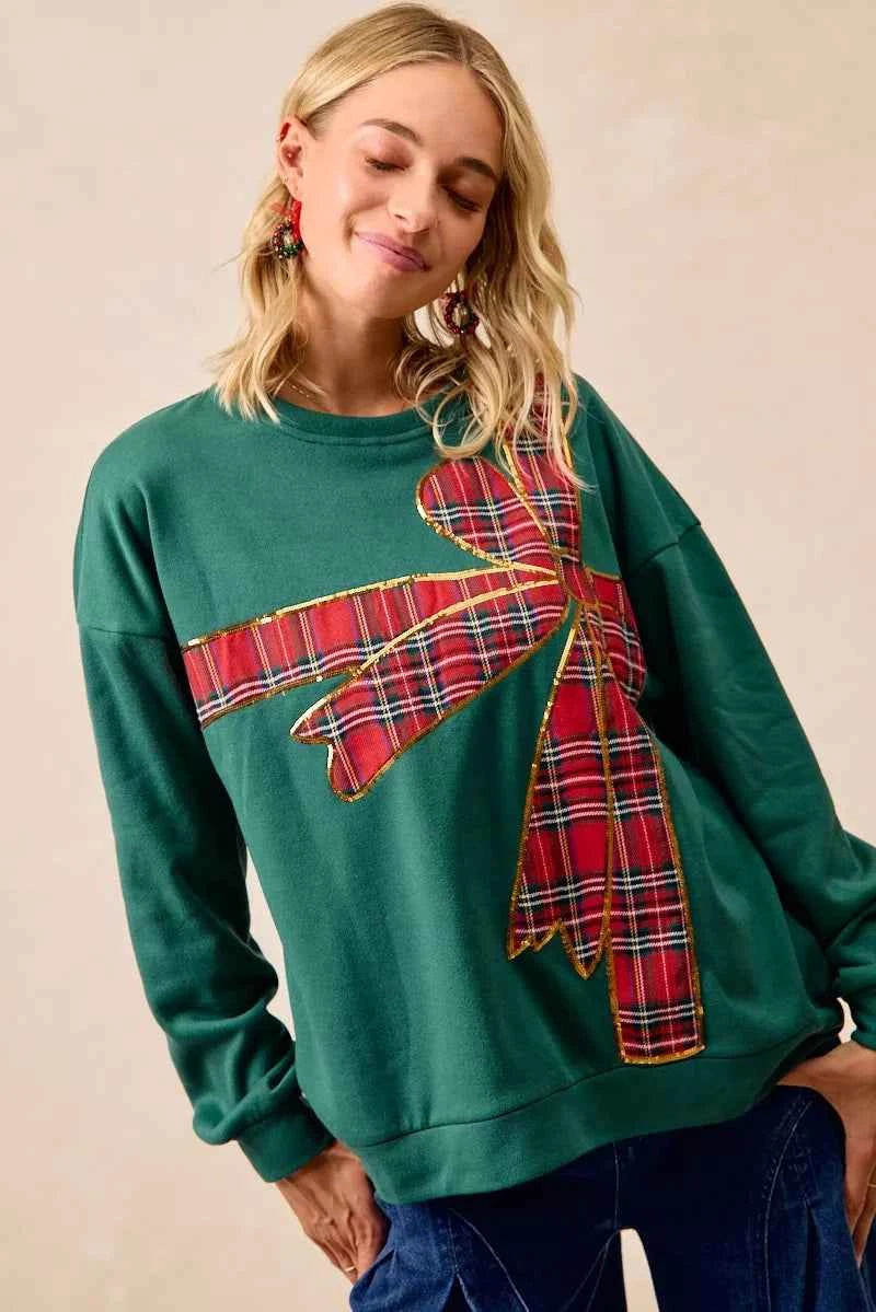 Plaid Ribbon Bow Detail Christmas Fleece Pullover 198fc3d38a59437587053dbcf6362e4d-Max-Origin