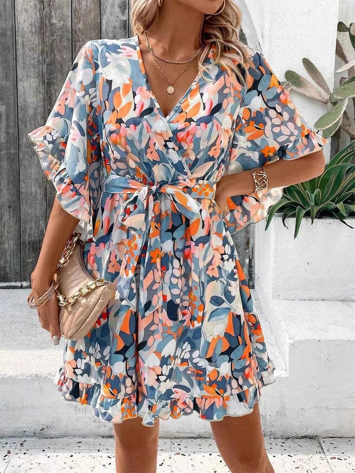 Printed Surplice Half Sleeve Dress 1990233ca3764c1a89160e822ecc0845-Max-Origin