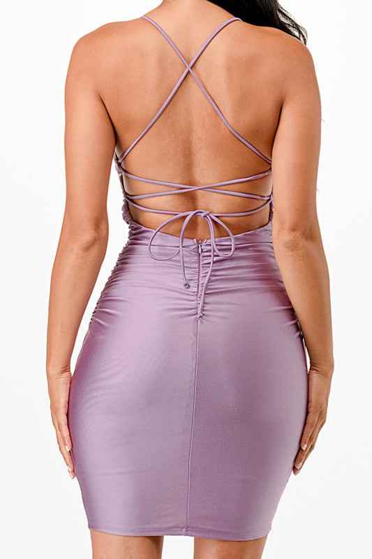 Back lace up short dress with waist shirring 19919268_175905b8-8f19-4cc9-b459-eb37323906cf