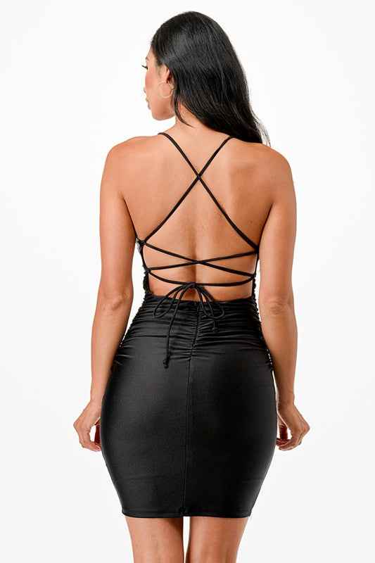 Back lace up short dress with waist shirring 19919268_1d41157c-5490-4179-bdc8-e5cbe4192f86