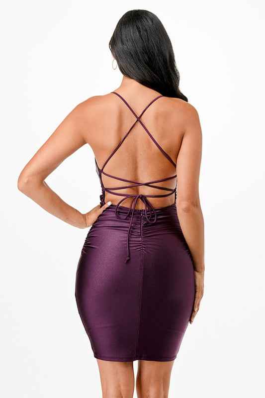 Back lace up short dress with waist shirring 19919268_230a8662-8943-4193-9bd8-347c692c92c7