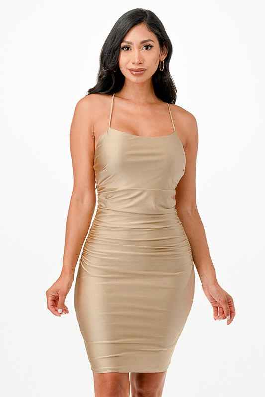 Back lace up short dress with waist shirring Dark Beige 19919268_2af1d577-e3f9-4c74-8b61-492a1cb1fc10