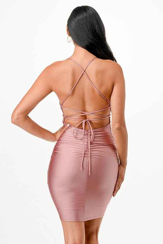 Back lace up short dress with waist shirring 19919268_4f934074-a8d9-493a-92f8-46820a103bfb
