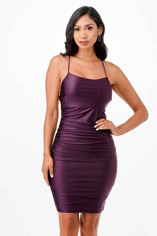 Back lace up short dress with waist shirring Eggplant 19919268_5c978b25-51f9-4a8f-a71e-f16519dbe8b2