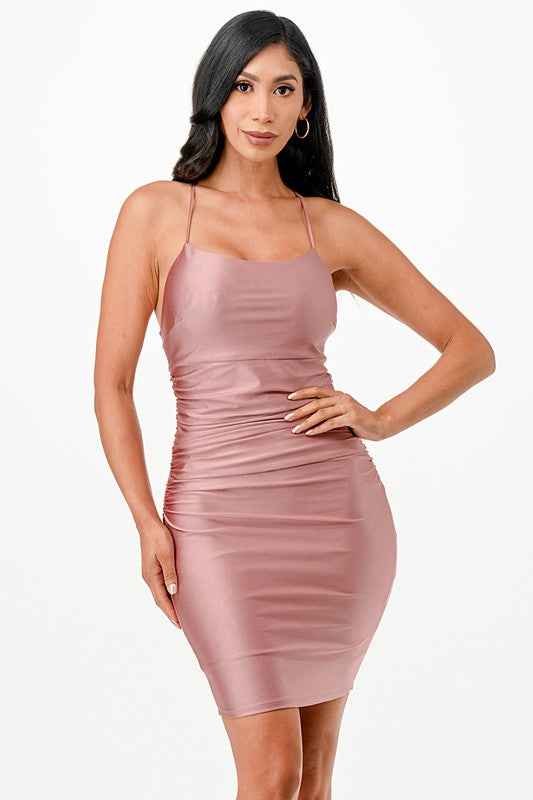 Back lace up short dress with waist shirring Ash Rose L 19919268_7a5aec18-dc3d-4596-9115-53c61b0747f2
