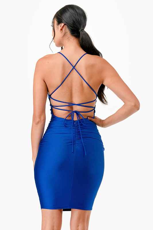 Back lace up short dress with waist shirring 19919268_8ee8327f-b6aa-4535-af33-4f32da148617
