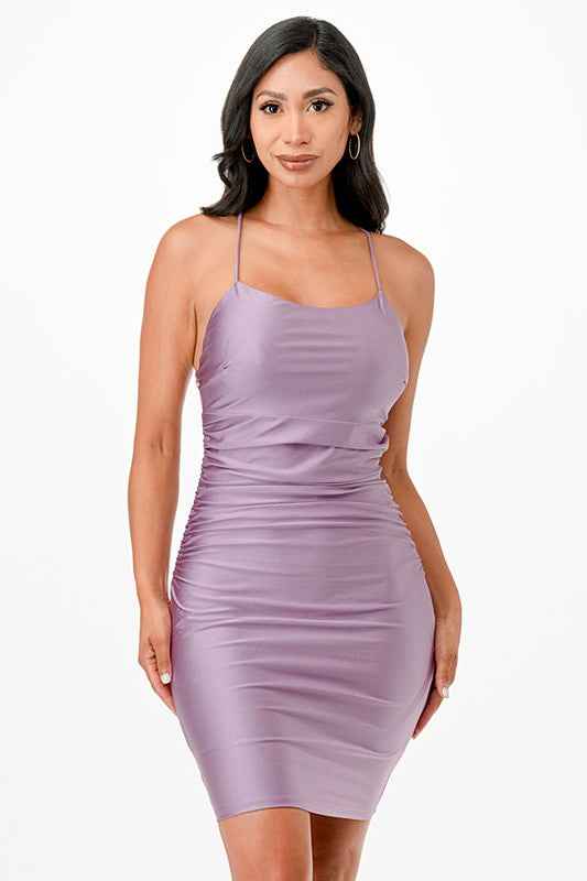 Back lace up short dress with waist shirring Lavender 19919268_a100f666-4bc0-4d0e-8be2-9358b5265481