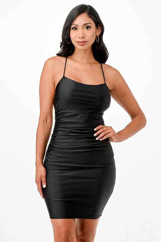 Back lace up short dress with waist shirring Black 19919268_b8c08b9c-d081-4020-a8a5-3cbea3ea422b