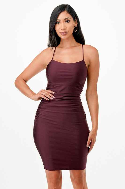 Back lace up short dress with waist shirring Burgundy 19919268_ce22d10e-a963-4e13-a06f-c32e9e087866