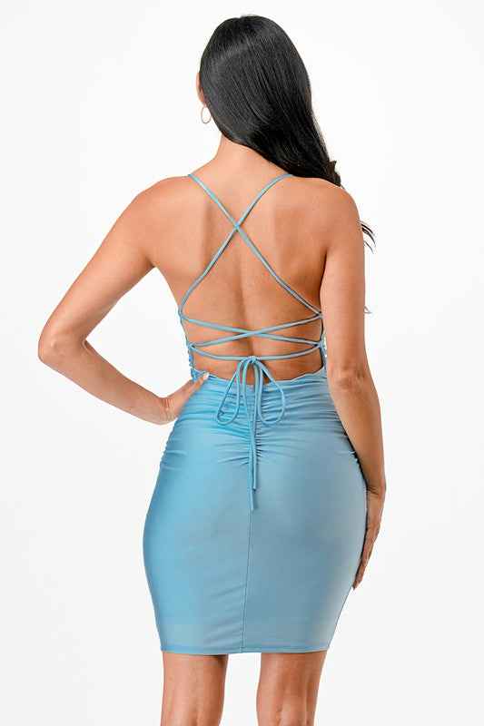 Back lace up short dress with waist shirring 19919268_d244904e-9a5c-48d8-ab4a-f555e20ee0b4