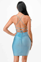 Back lace up short dress with waist shirring 19919268_d244904e-9a5c-48d8-ab4a-f555e20ee0b4