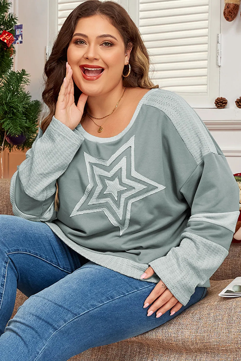 Plus Size Star Round Neck Long Sleeve Top