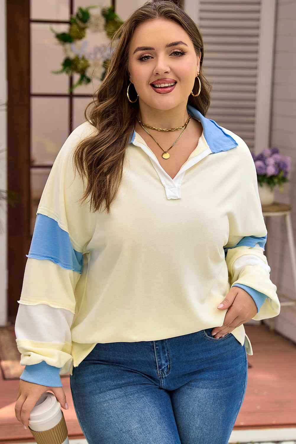 Yellow Cream Raw Seam Color Block Patchwork Plus Size V Neck Pullover 1997a31c8cfe927f