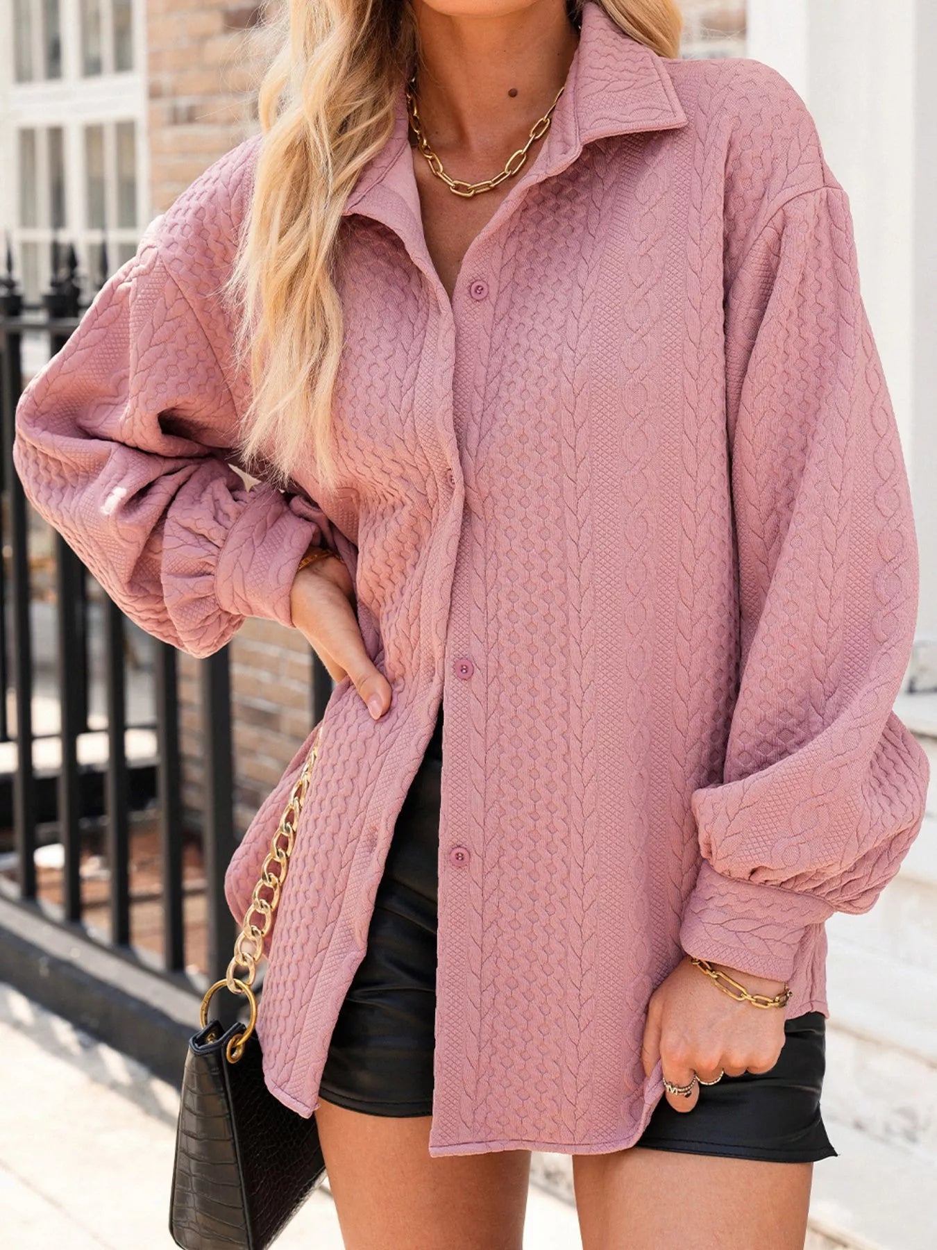 Cable Texture Puff Sleeve Loose Shacket 19a04dd6-6fa2-4090-a3ab-210fe838adc1-Max-Origin