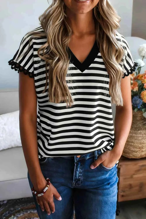 Striped Print V Neck Delicate Trim Casual Tee Black 19a0f393-1430-4beb-bc16-d1a98b199526-Max-Origin