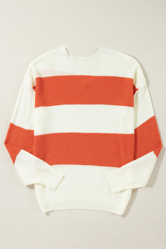Orange Colorblock V Neck Side Slits Sweater 19a470d499bd0711
