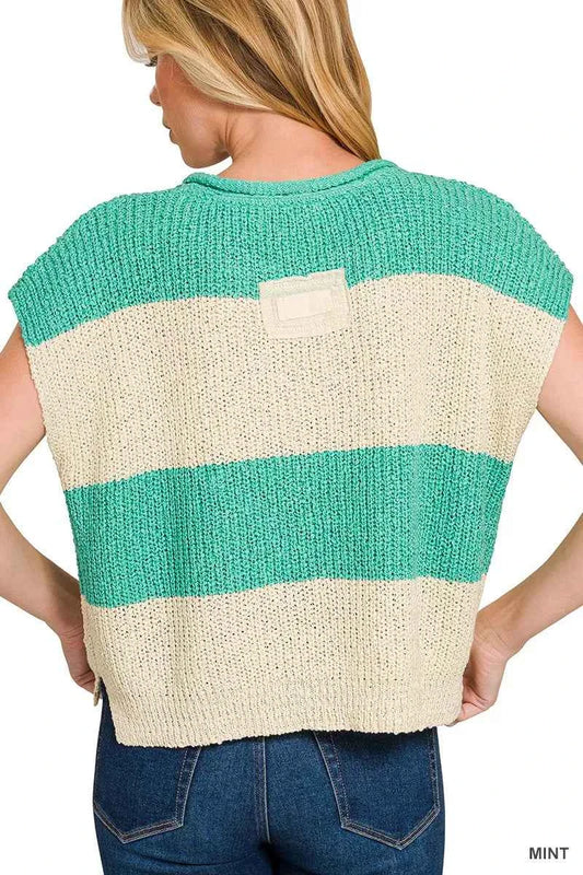 Split Neck Sleeveless Stripe Sweater 19a9eb2f8e504c789af9a632c3941066-Max-Origin