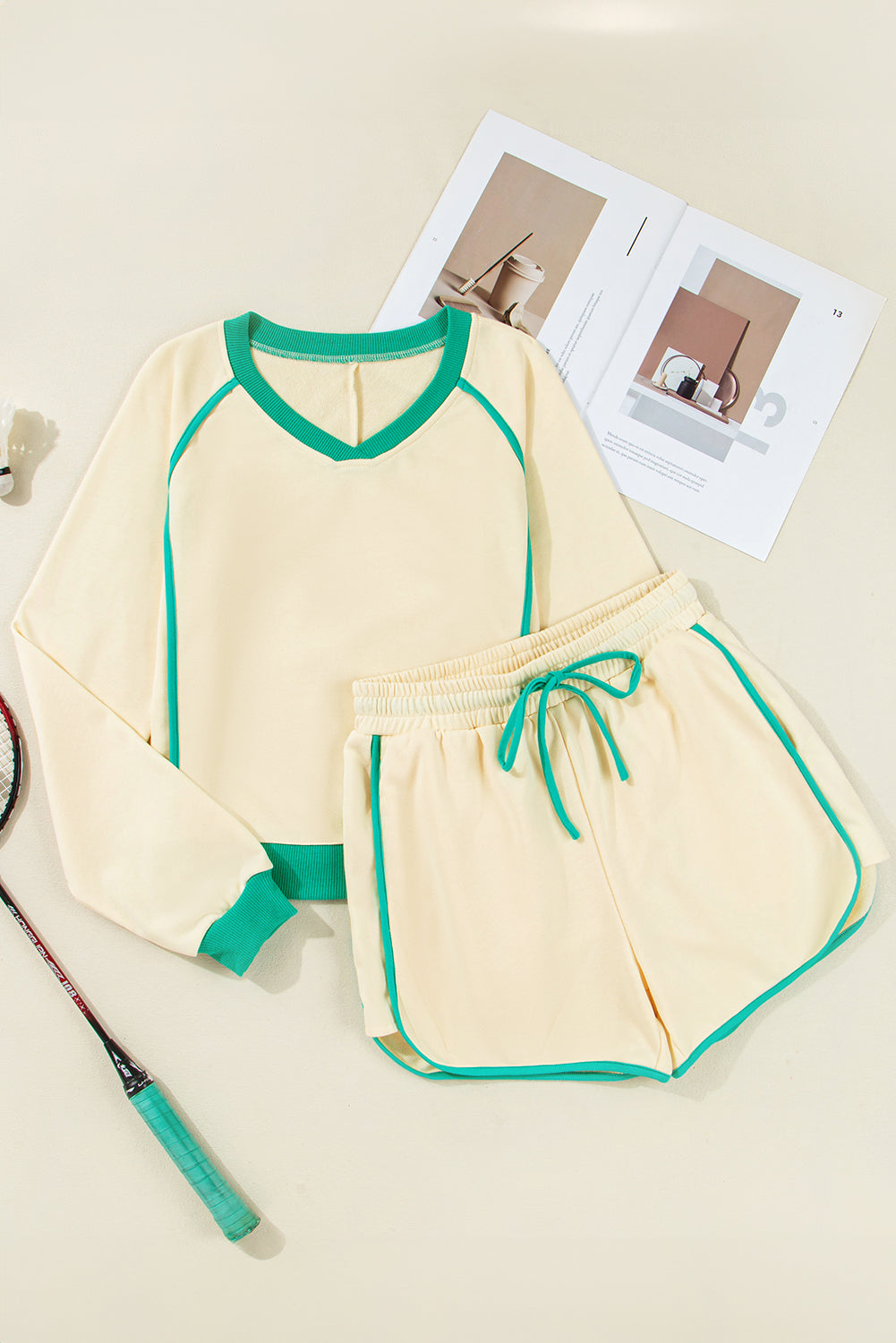 White Contrast Trim Colorblock Long Sleeve Pullover and Drawstring Shorts Set 19ac9815eef80004