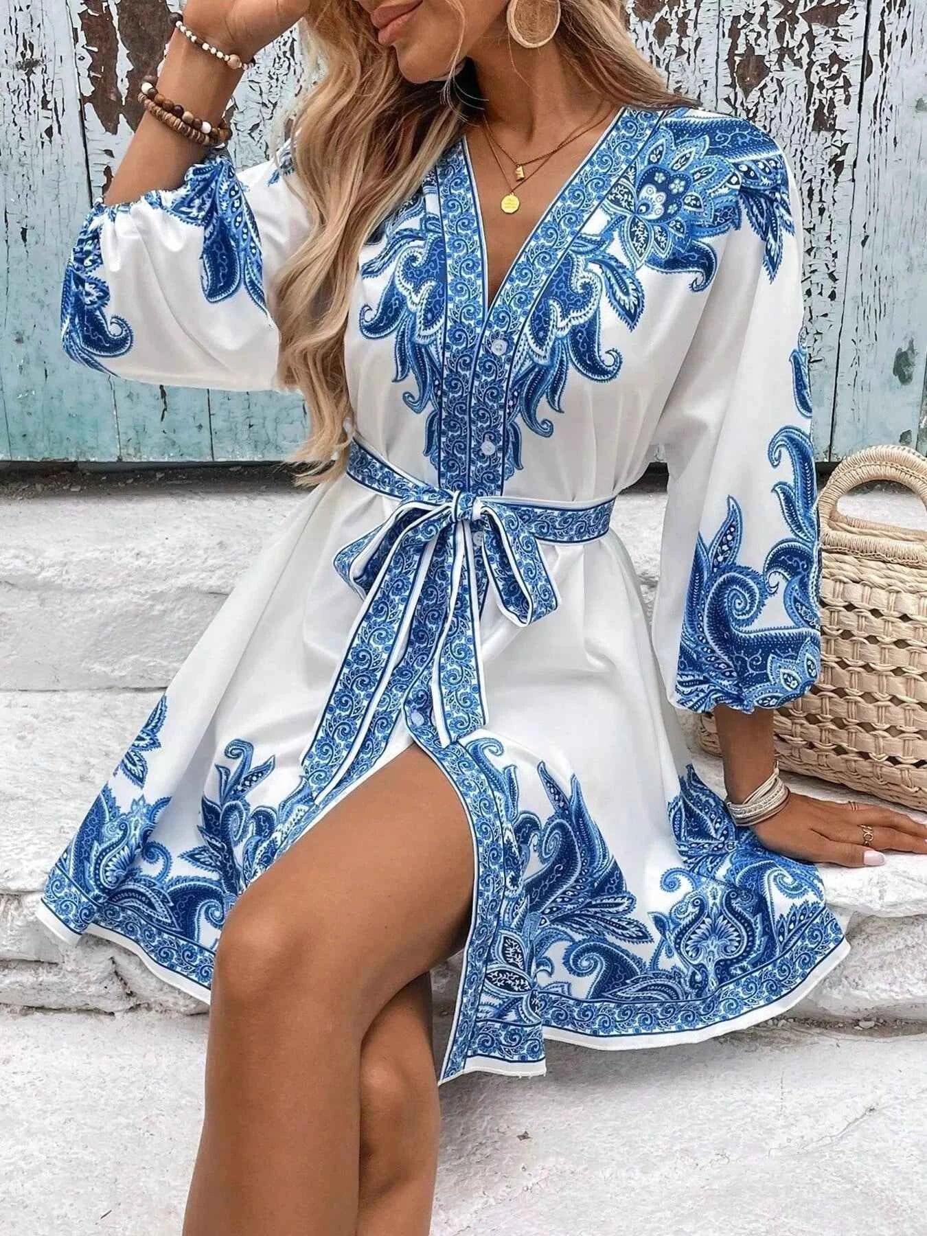 Printed Balloon Sleeve Mini Dress Blue 19af729d42ec4fbb8500429282d43440-Max-Origin