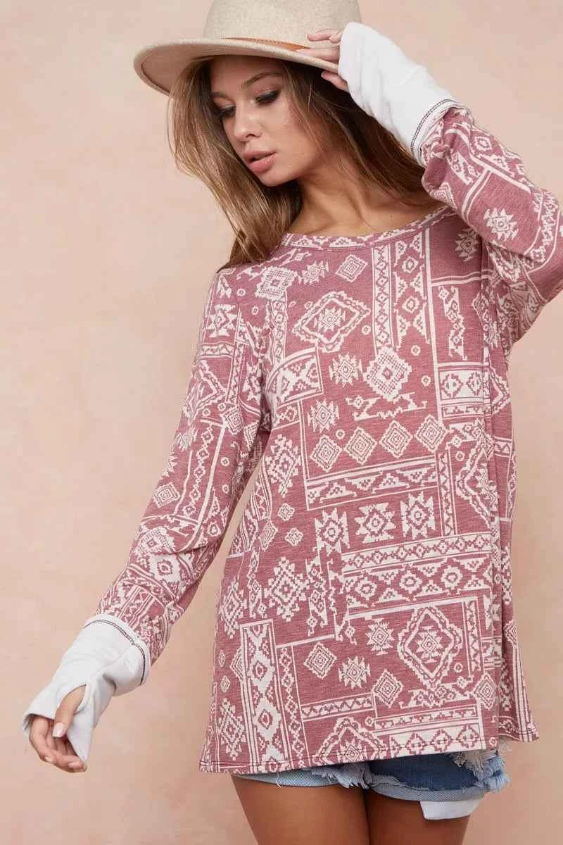 Aztec Print French Terry Top with Thumb Opening BURGUNDY COMBO 19affa6196e74c918dae0570a8709e46-Max-Origin