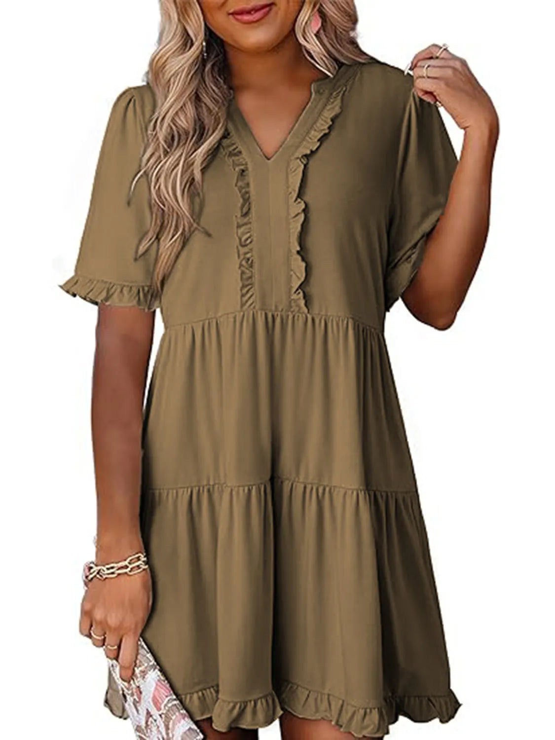 Tiered Notched Short Sleeve Mini Dress Taupe 19b66064-7e56-41a1-9c70-a7c6ea754c39-Max-Origin