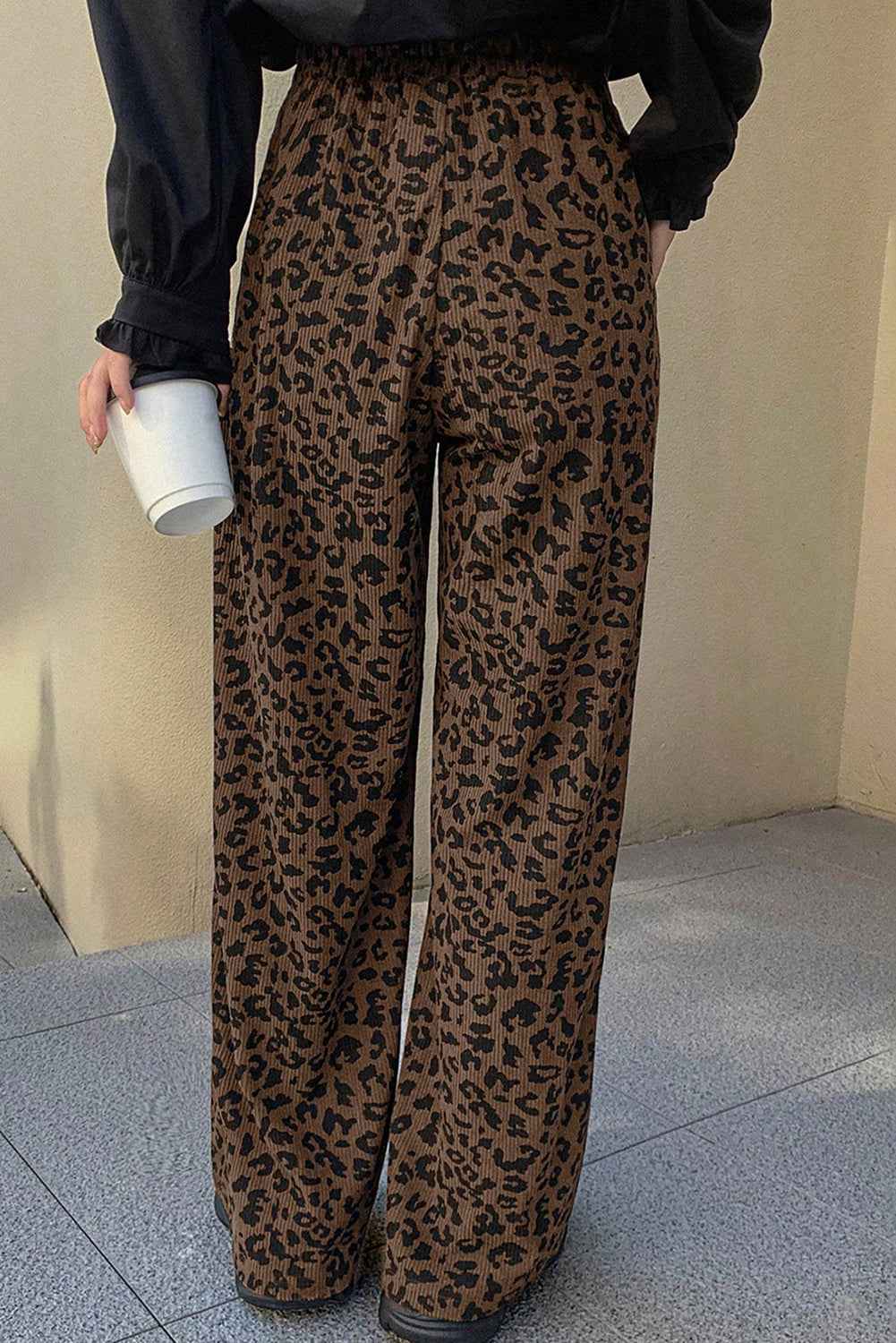 Dark Brown Leopard Print Elastic High Waist Loose Corduroy Pants 19bcae4954542bd7