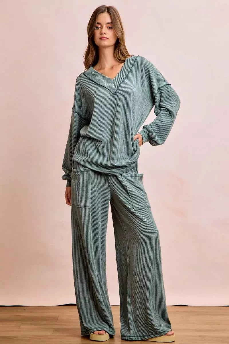 BiBi Two Tone Cord Rib Contrast Stitching V-Neck Top and Pants Set 19bd2939b96c46519cb1669bec3a1b67-Max-Origin